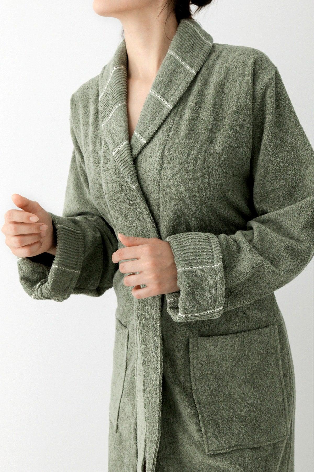 Carmine Robe Olive - Extra Soft, Modern And Special Design 100% Cotton Unisex Salyaka Bathrobe - Swordslife