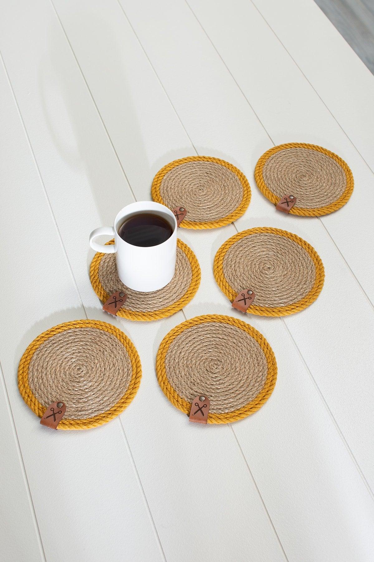 6 Pieces 13cm Mustard Striped Jute Straw Weave Coaster Presentation Set - Swordslife