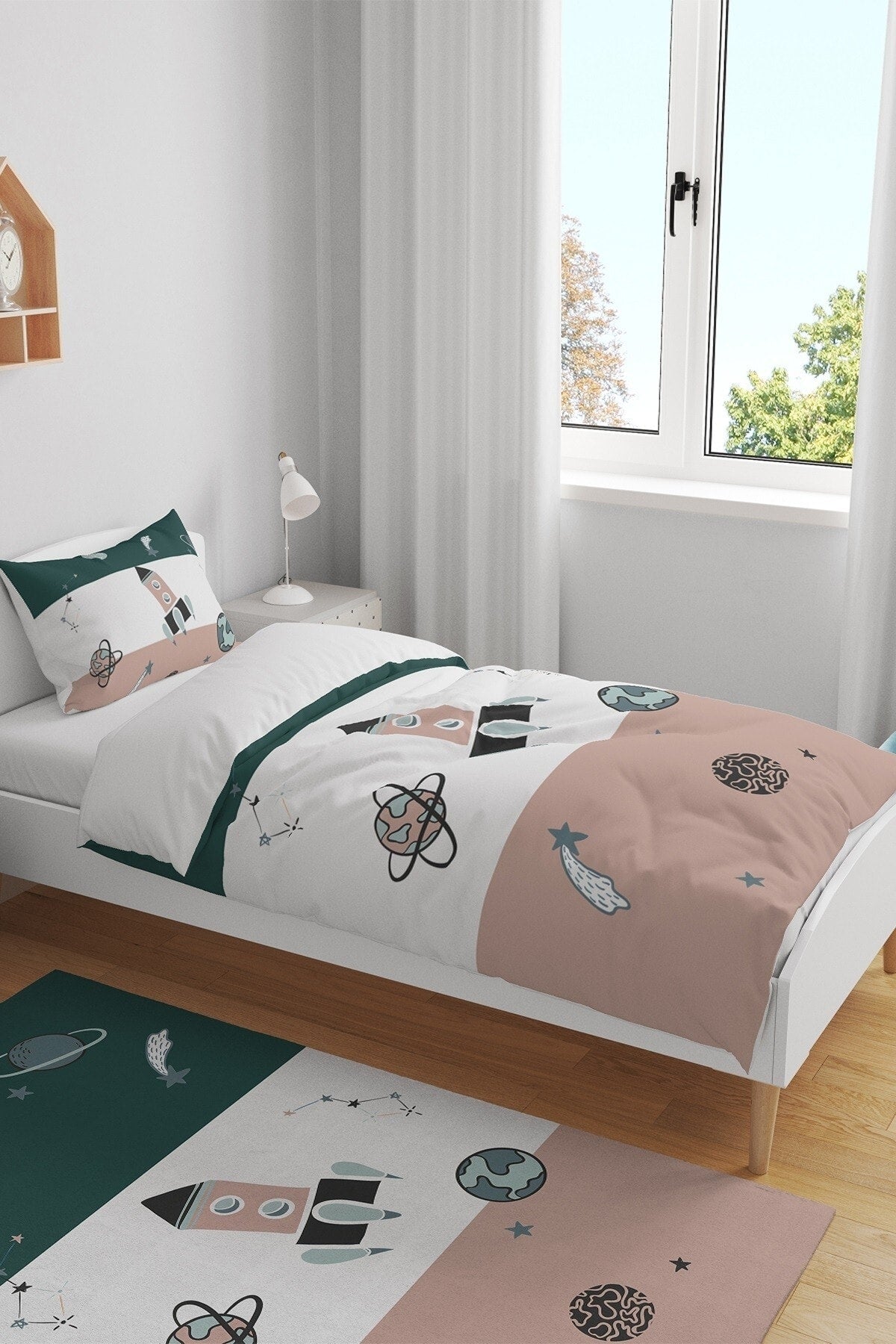 Retro Green Pink Spacecraft Patterned Single Baby Duvet Cover Set