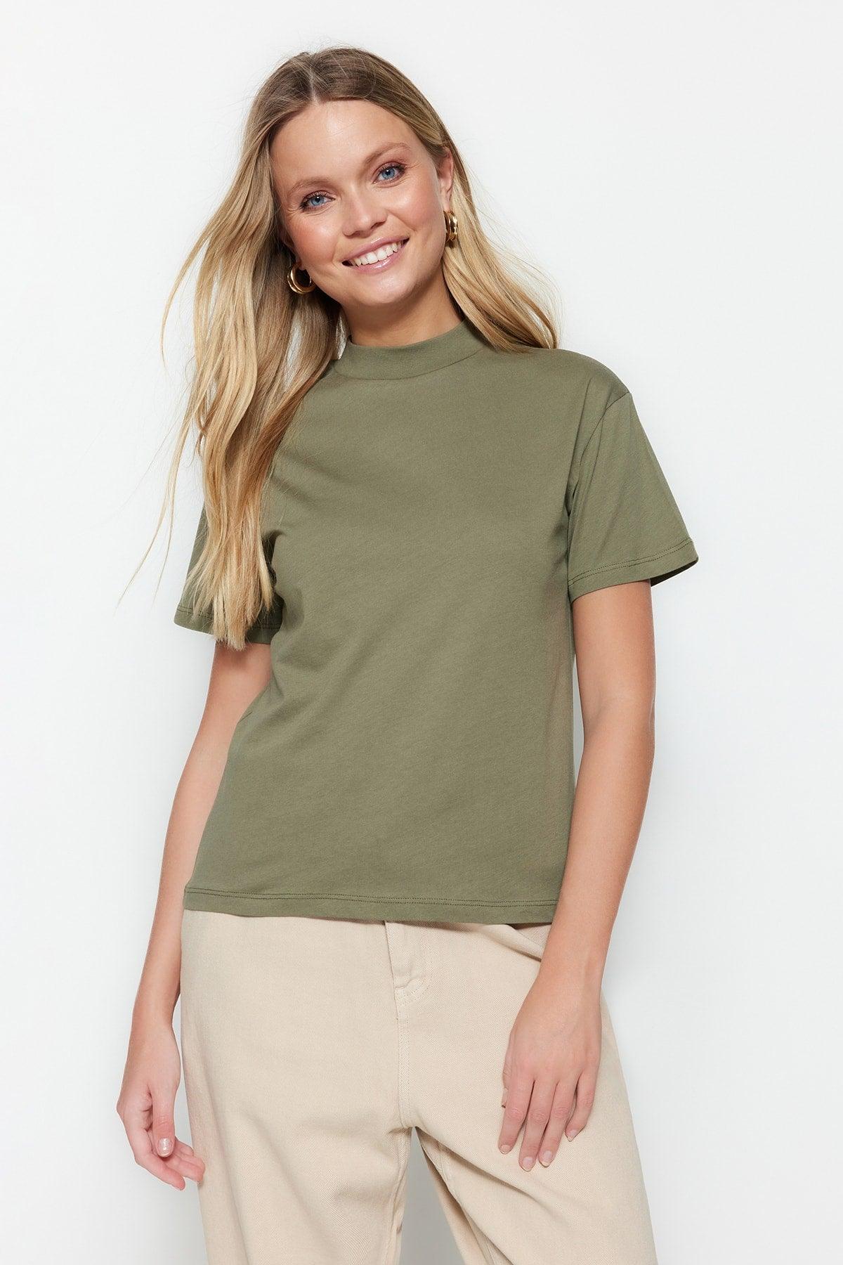 Khaki 100% Cotton Basic Stand Up Collar Knitted T-Shirt TWOAW20TS0096 - Swordslife