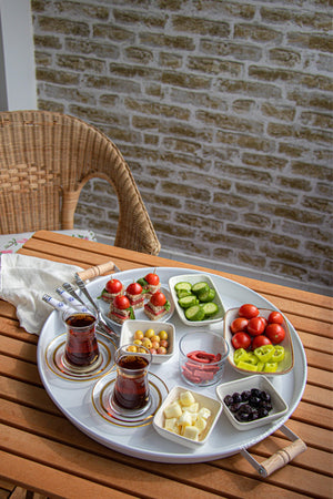3 Piece White (45, 37, 30 Cm) Metal Tray With Wooden Handle Tea Tray Presentation Tray Set