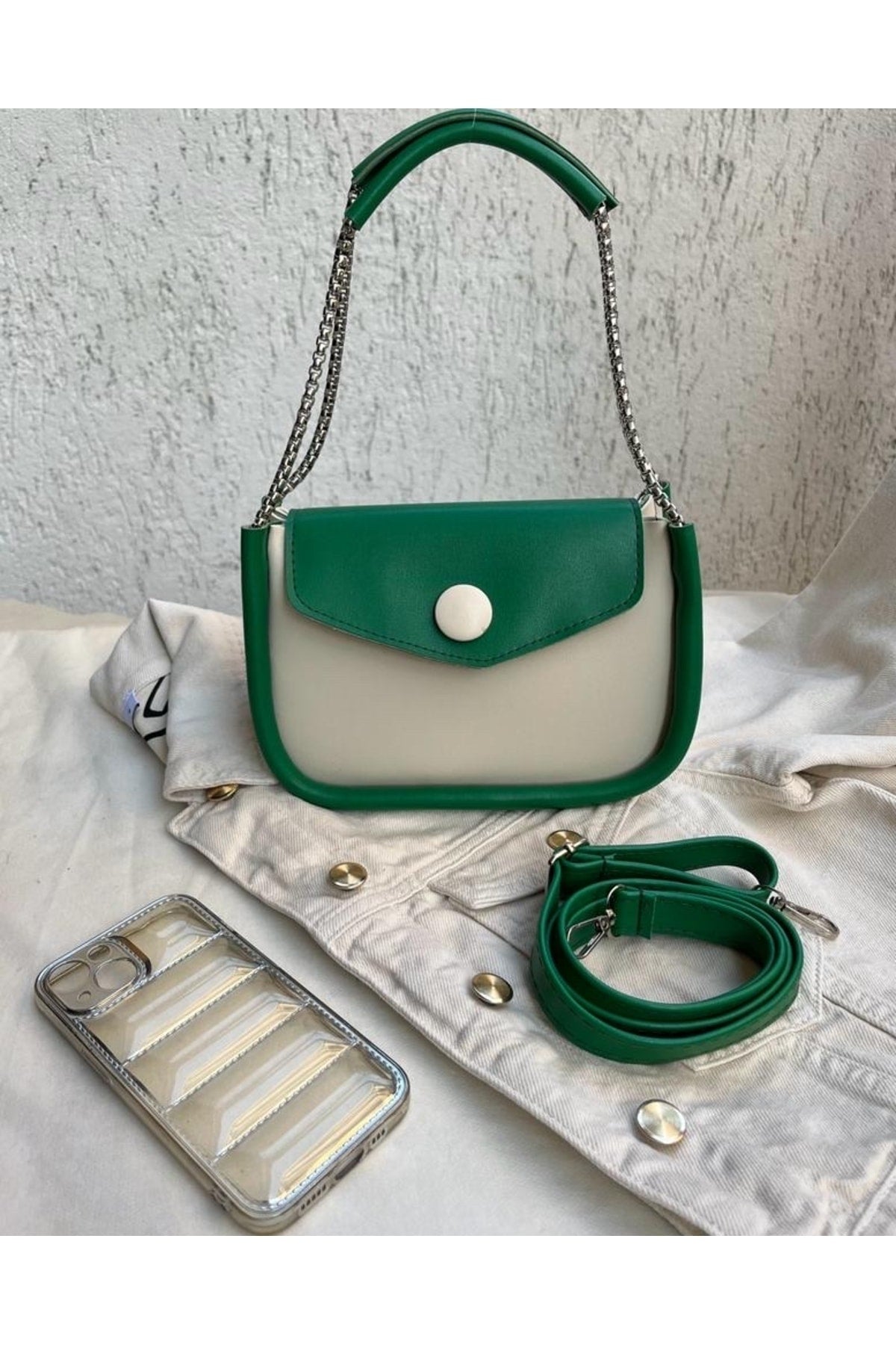 Women's Green Cream Chain Baguette Bag