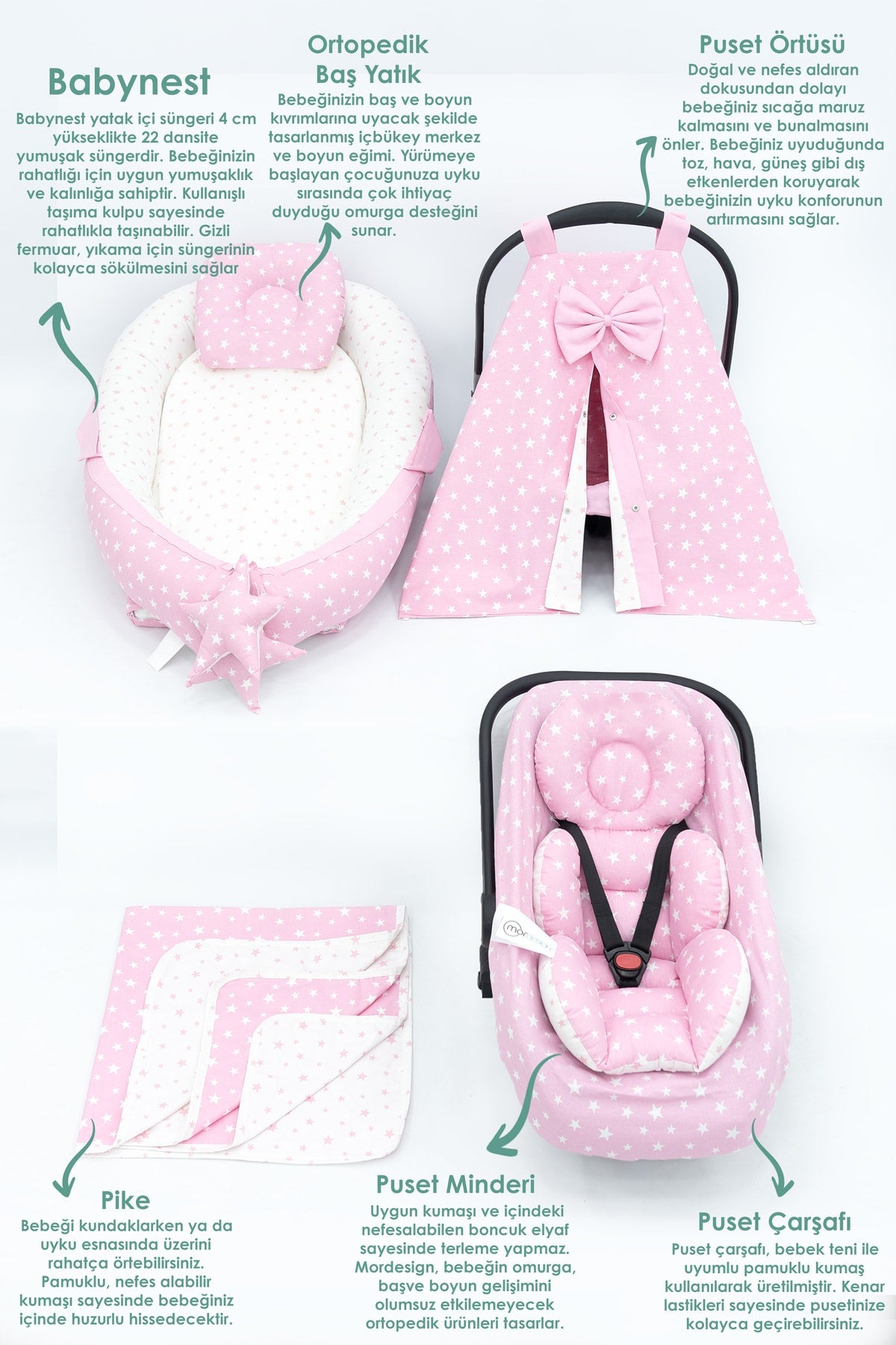 Orthopedic Baby Mattress, Pique And Stroller Accessories Set Of 6, Pink Color Stars Pattern