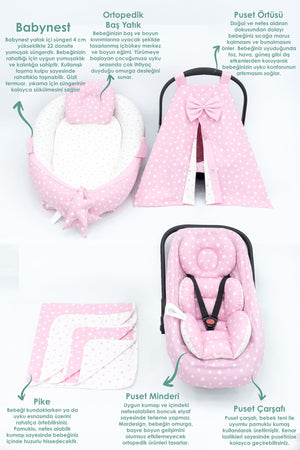 Orthopedic Baby Mattress, Pique And Stroller Accessories Set Of 6, Pink Color Stars Pattern