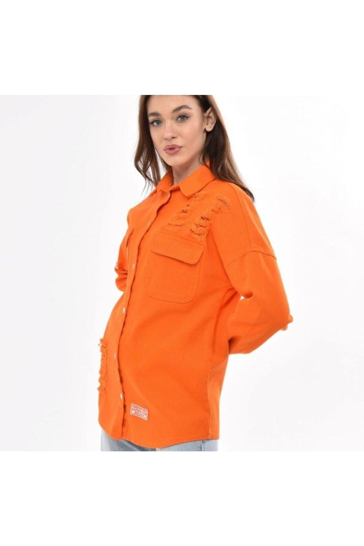 Women's Orange Boyfriend Oversize Worn Denim Jeans Denim Jacket - Swordslife