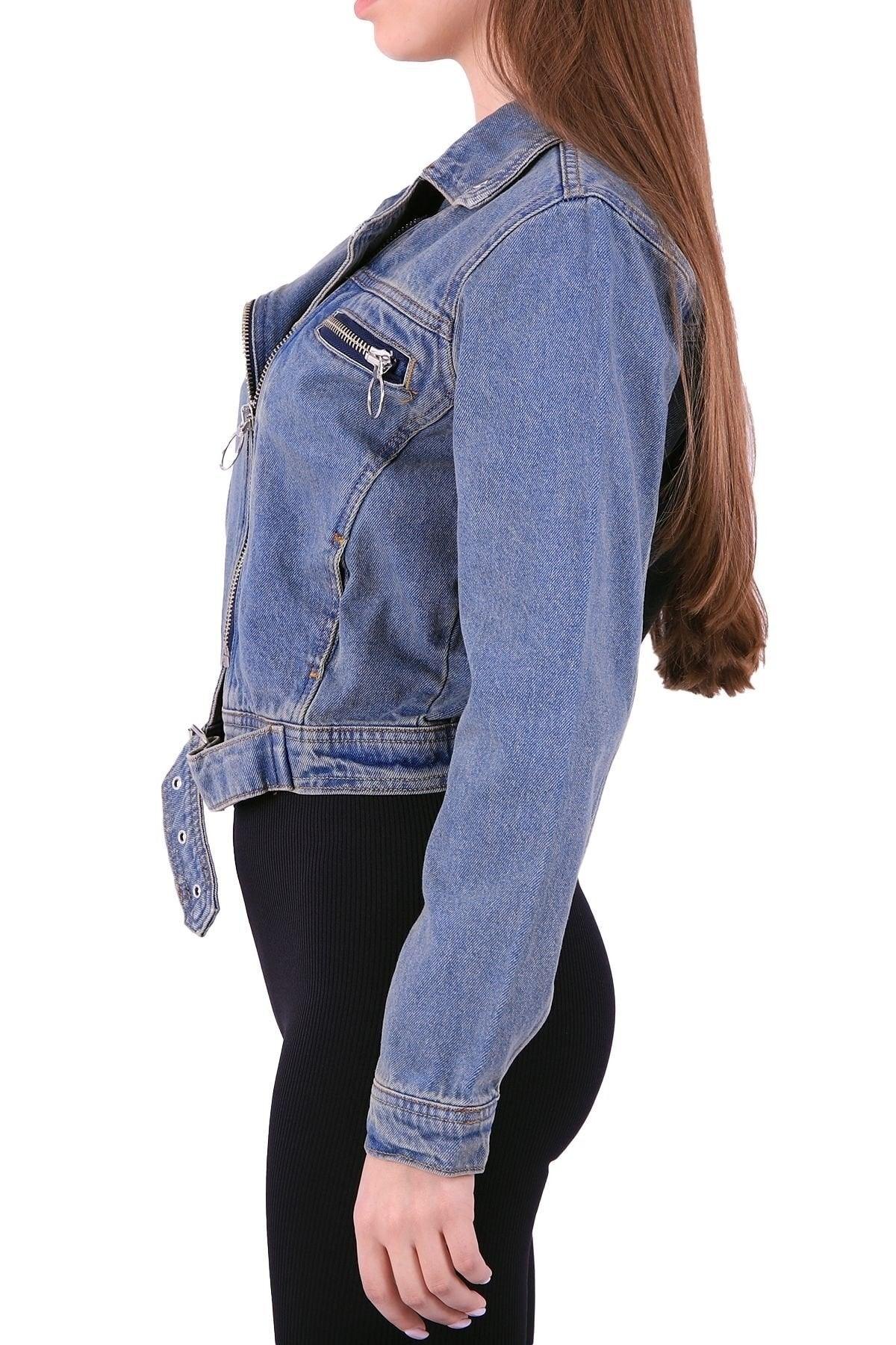 Zippered And Waist Belt Front Decorative Pocket Oversize Short Jeans Women's Jacket - Swordslife