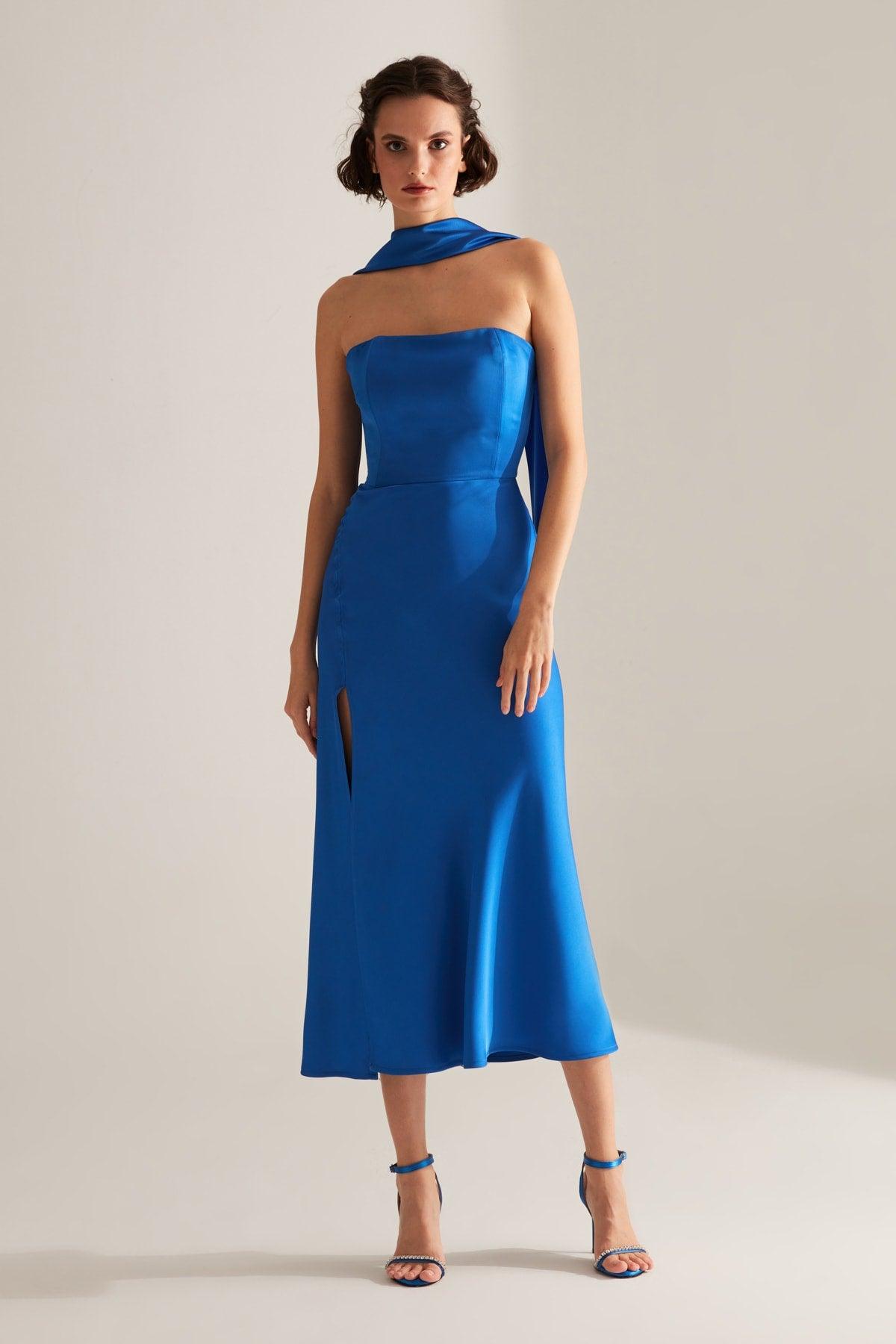 Brera Blue Satin Slit Wrapped Strapless Dress - Swordslife