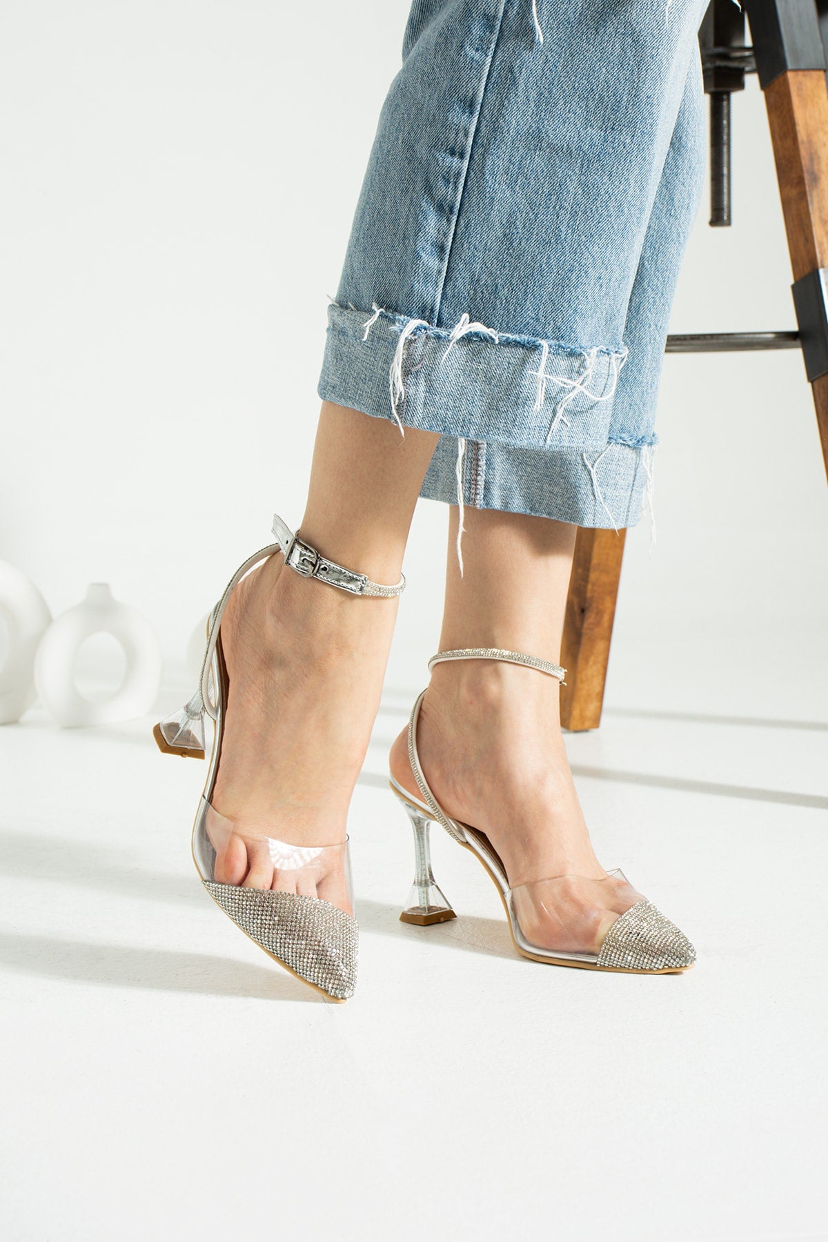 Silver Transparent Stone Women'S Evening Dress Heeled Shoes