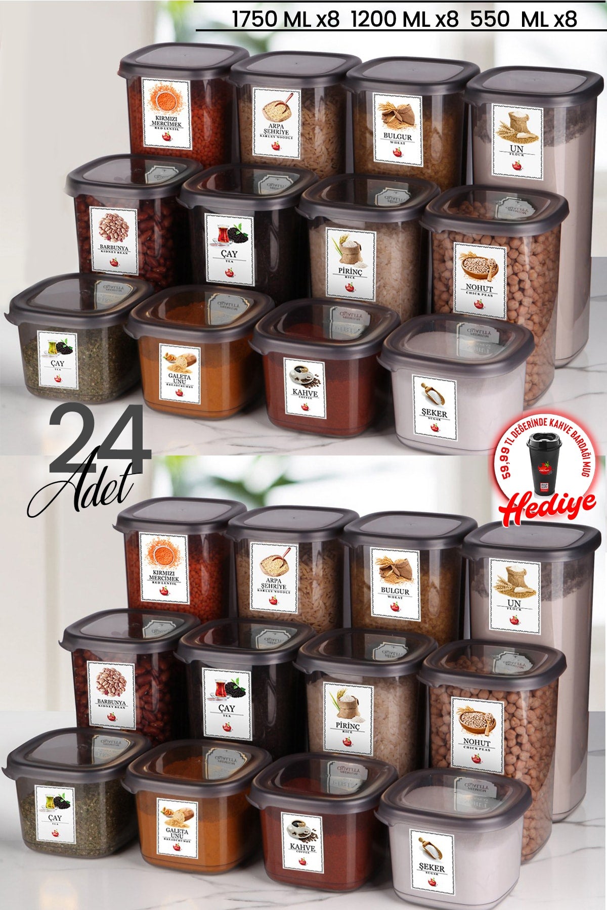 24-Piece Labeled Square Food Storage Container Set X8(550Ml-1200Ml-1750Ml) Jar With Hard Lid