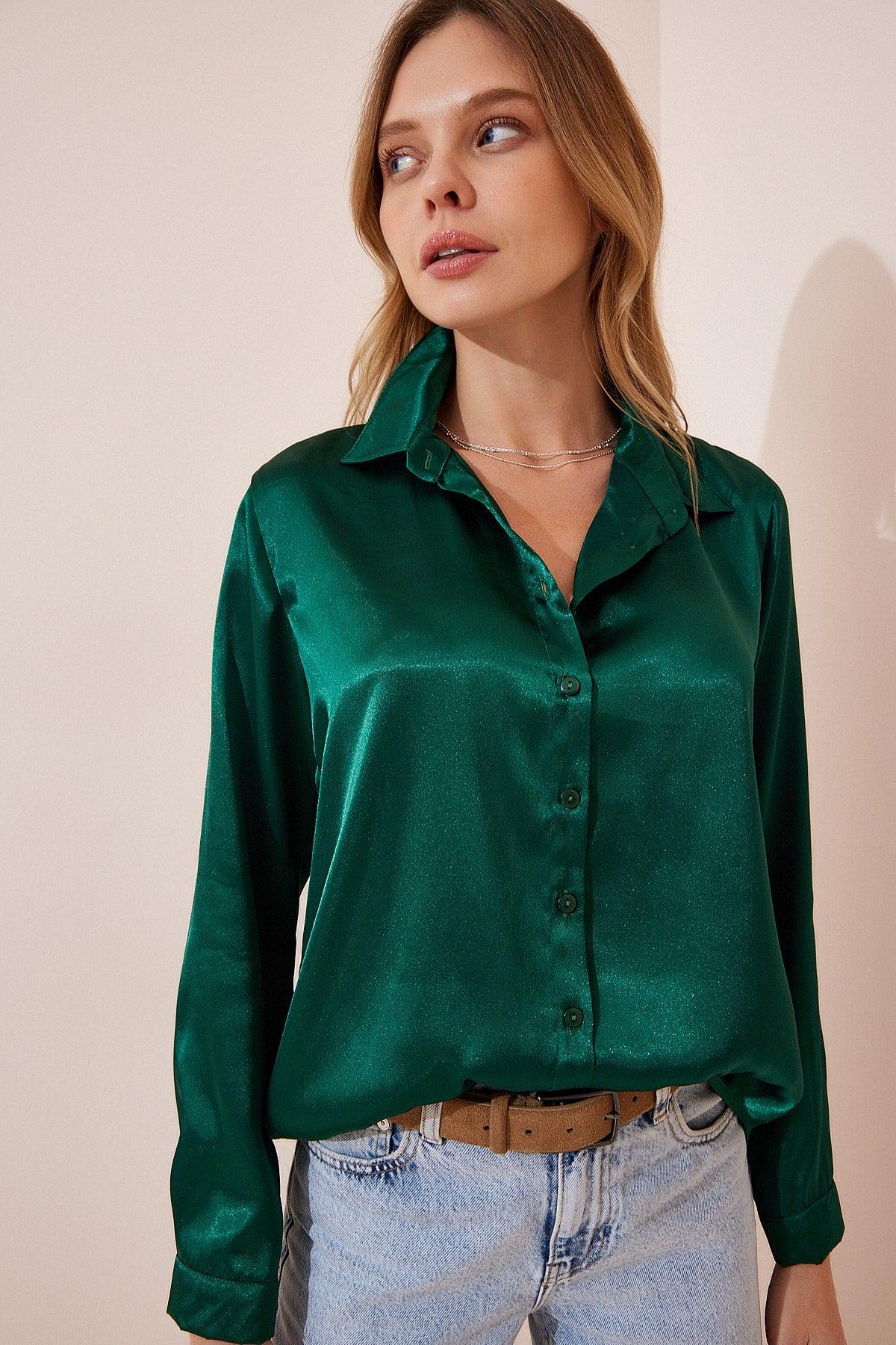 Women's Emerald Green Lightly Flowy Satin Finish Shirt DD00990 - Swordslife