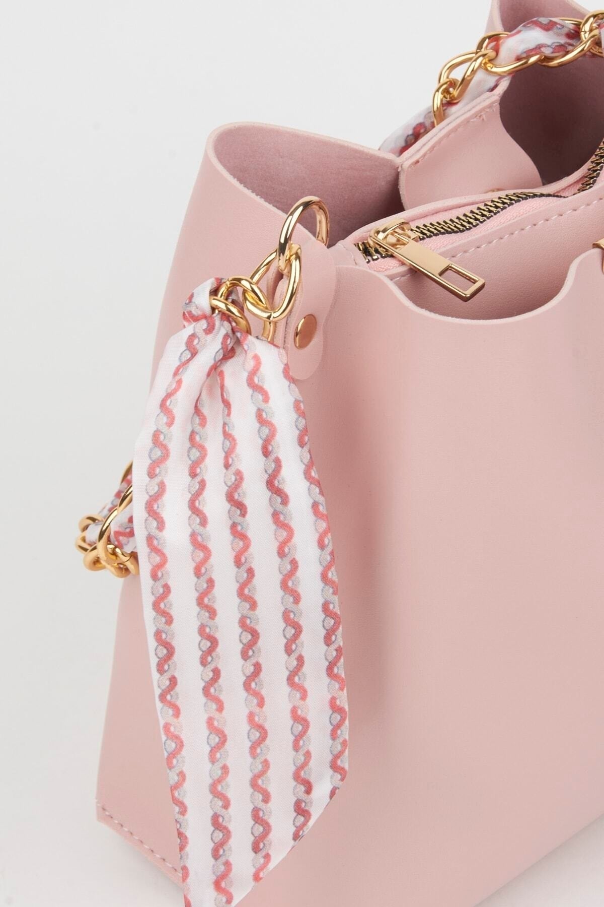 Women'S Powder Scarf Chain Accessory Soft Leather 3-Compartment Hand, Arm And Shoulder Bag