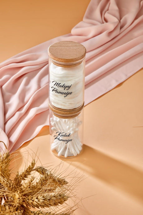 2-Pack Glass Decorative Transparent Labeled Cotton Buds & Make-up Cotton Box 250ml - Swordslife