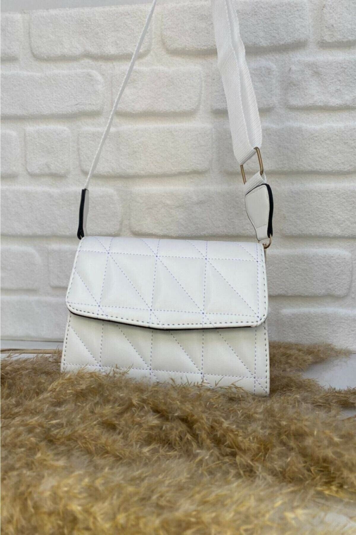 Ceyon Moda White Column Strap Quilted Women'S Shoulder Bag