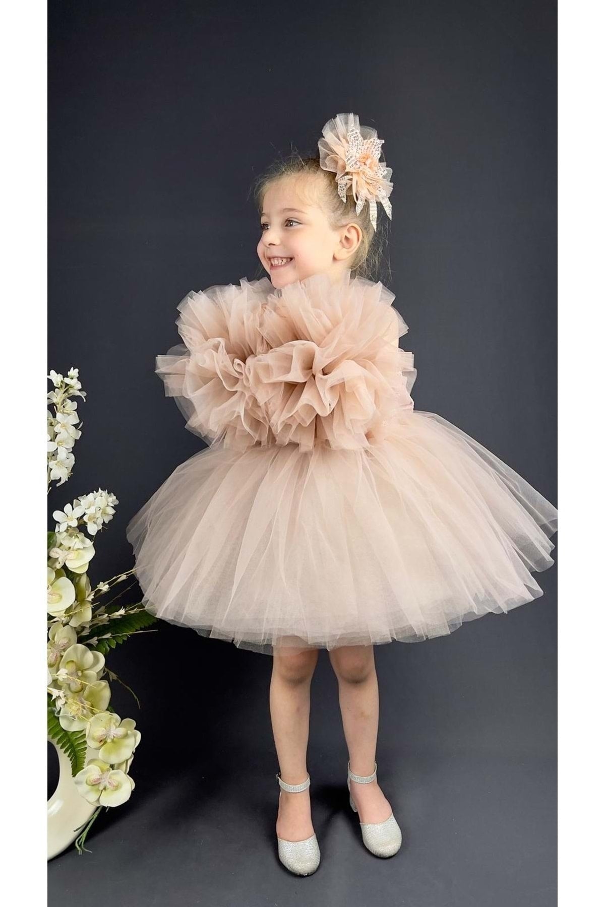 Chiffon Robe Pompom Sleeve Sequined Girls Fluffy Skirt Tulle Evening Dress Powder