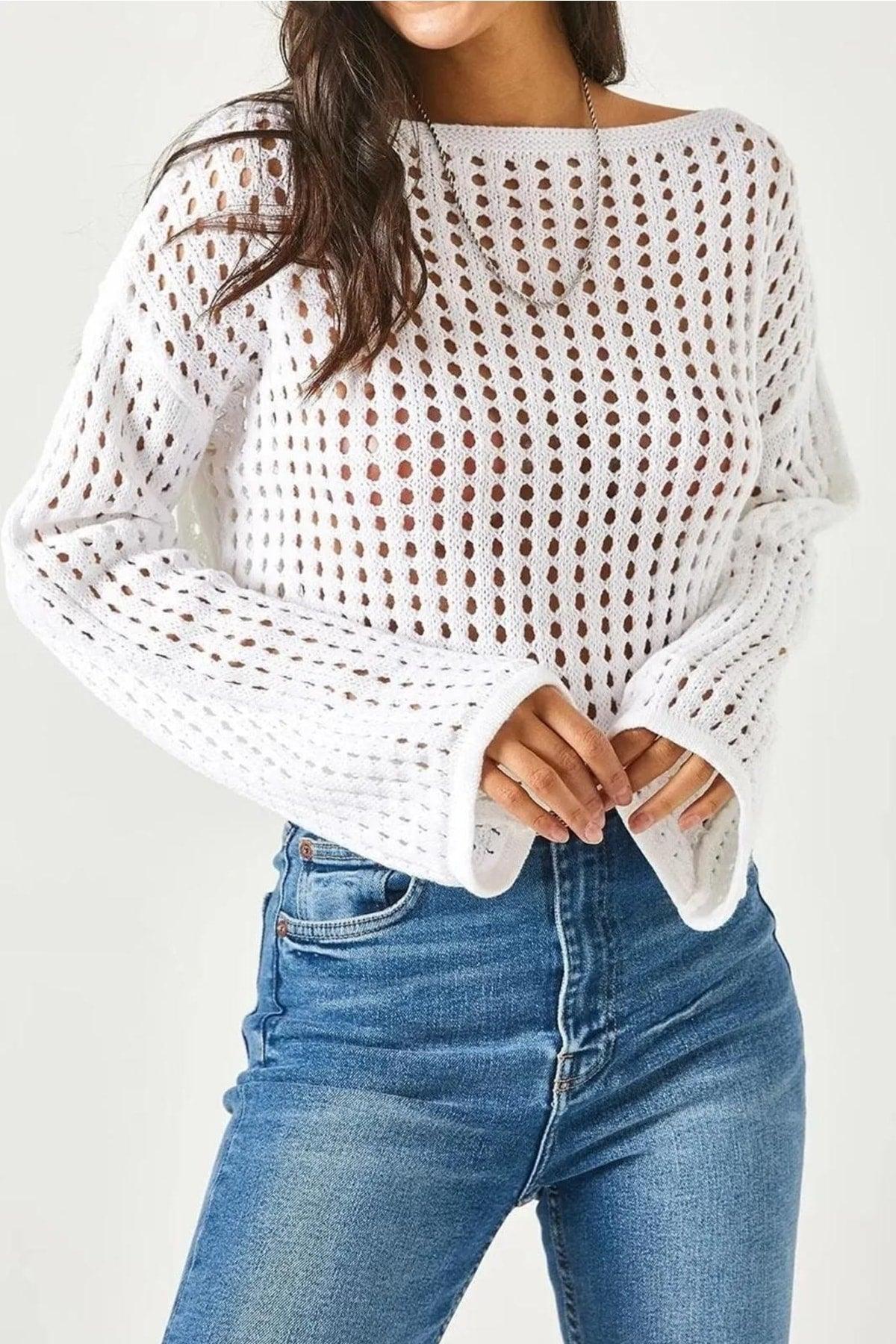 Women's White Spanish Sleeve Wide Collar Openwork Loose Hole Crop Knitwear Blouse - Swordslife