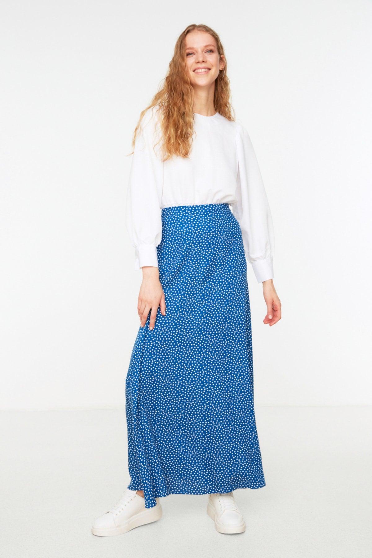 Indigo Polka Dot Patterned Bell Woven Skirt TCTSS22EE0006 - Swordslife