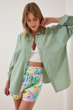 Women's Light Green Oversize Long Basic Shirt DD00842 - Swordslife