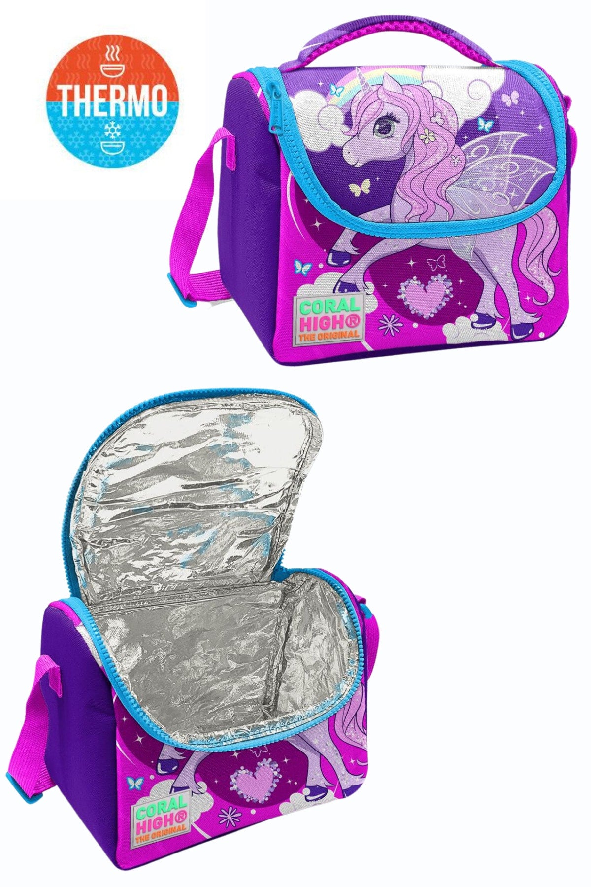 Purple Pink Unicorn Patterned Four Compartment School Backpack Lunch Box Pencil Bag