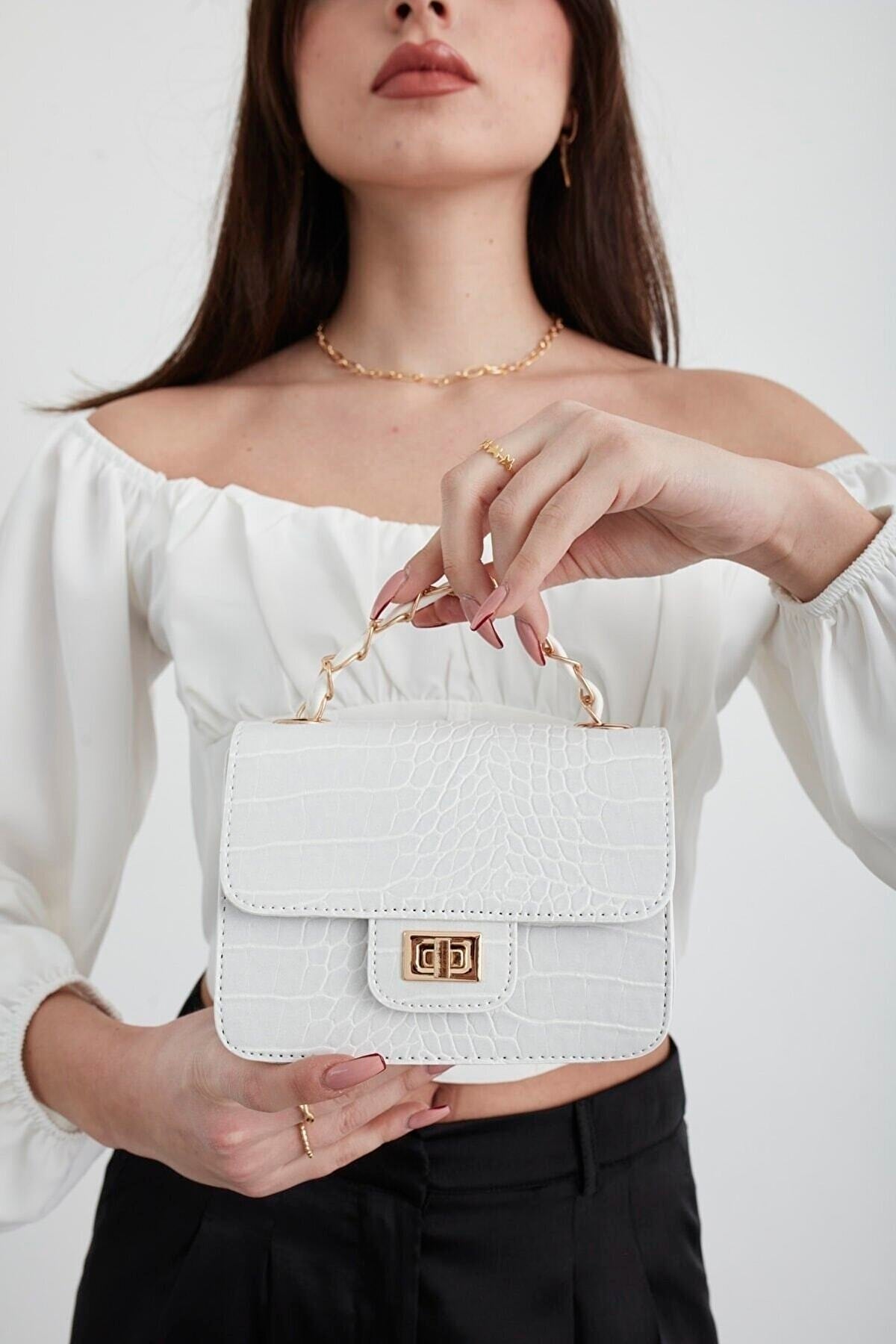 White Women'S Crocodile Patterned Mini Shoulder Bag