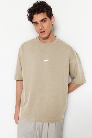 Stone Men'S Oversize Fit Cycling Collar Short Sleeve Shark Embroidered T-Shirt Tmnss23Ts00245