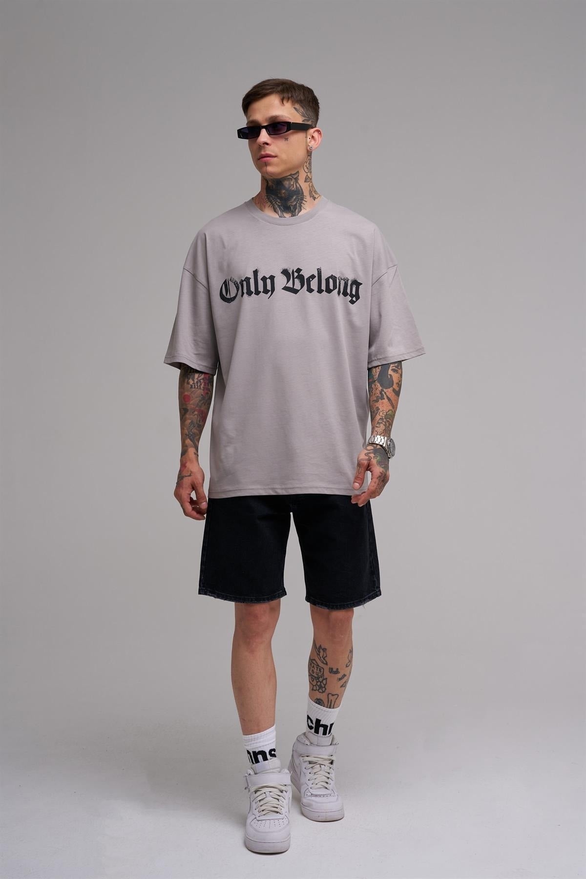 Unisex Plus Size Only Belong Printed Cotton T-Shirt Gray