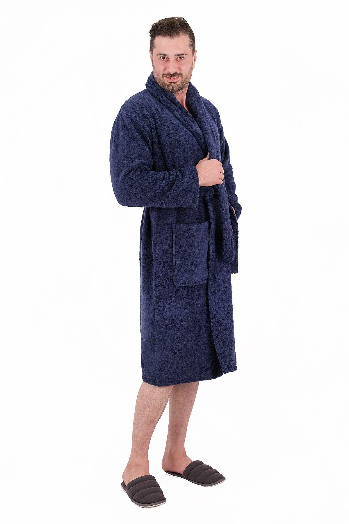 Soft Line 100% Cotton Salyaka Navy Blue Color (L-XL-2XL-3XL-4XL) Large / Large Size Bathrobe - Swordslife