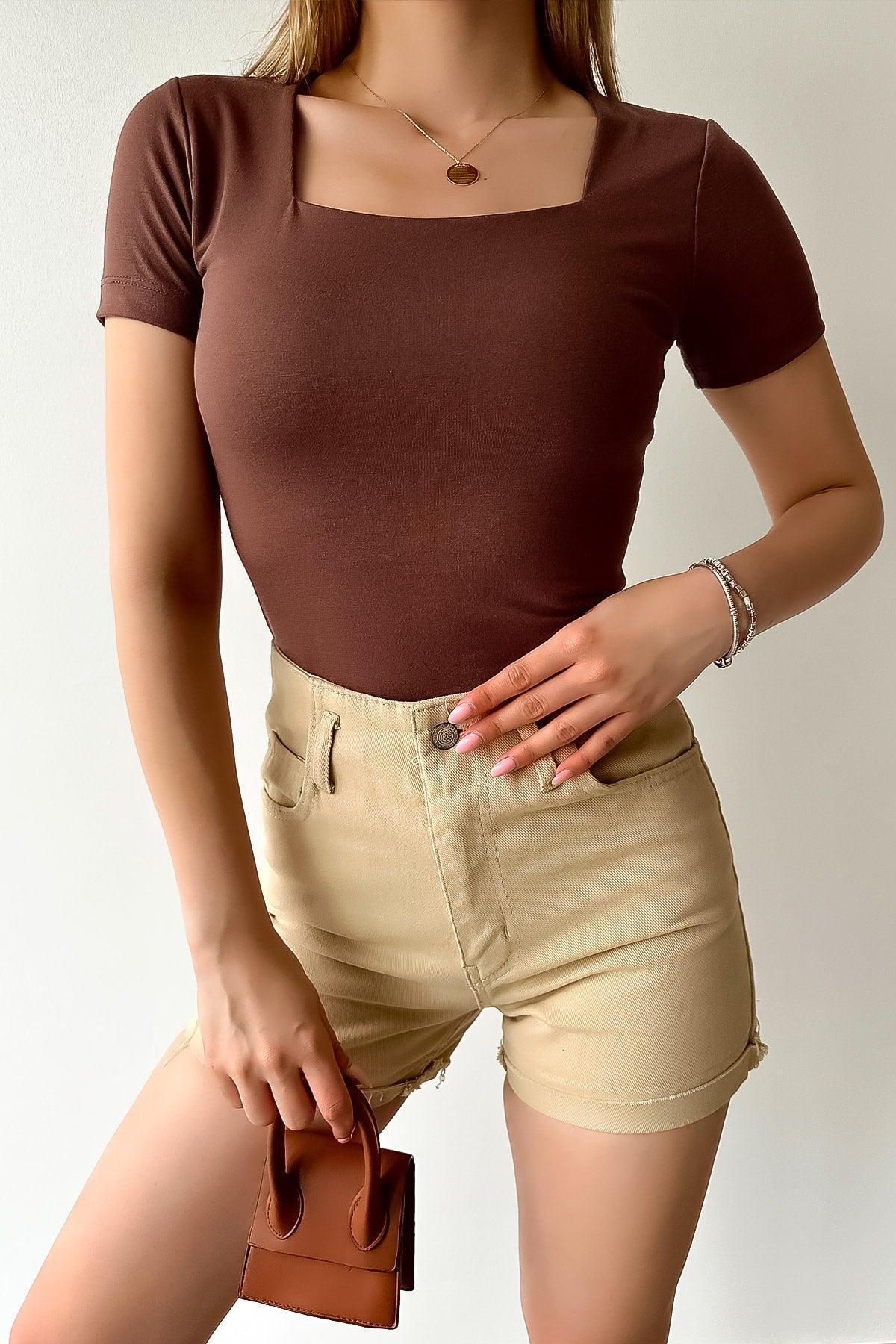 Women's Short Sleeve Square Collar Bitter Brown Viscose Blouse - Swordslife