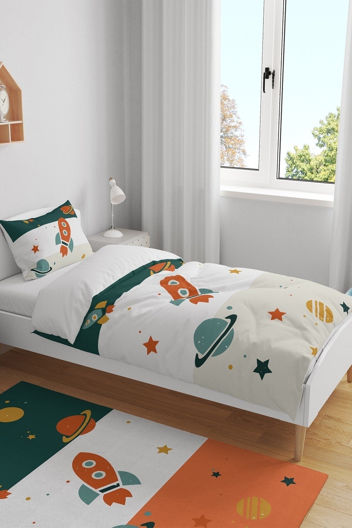 Retro Green Cream Spacecraft Patterned Single Baby Kids Duvet Cover Set