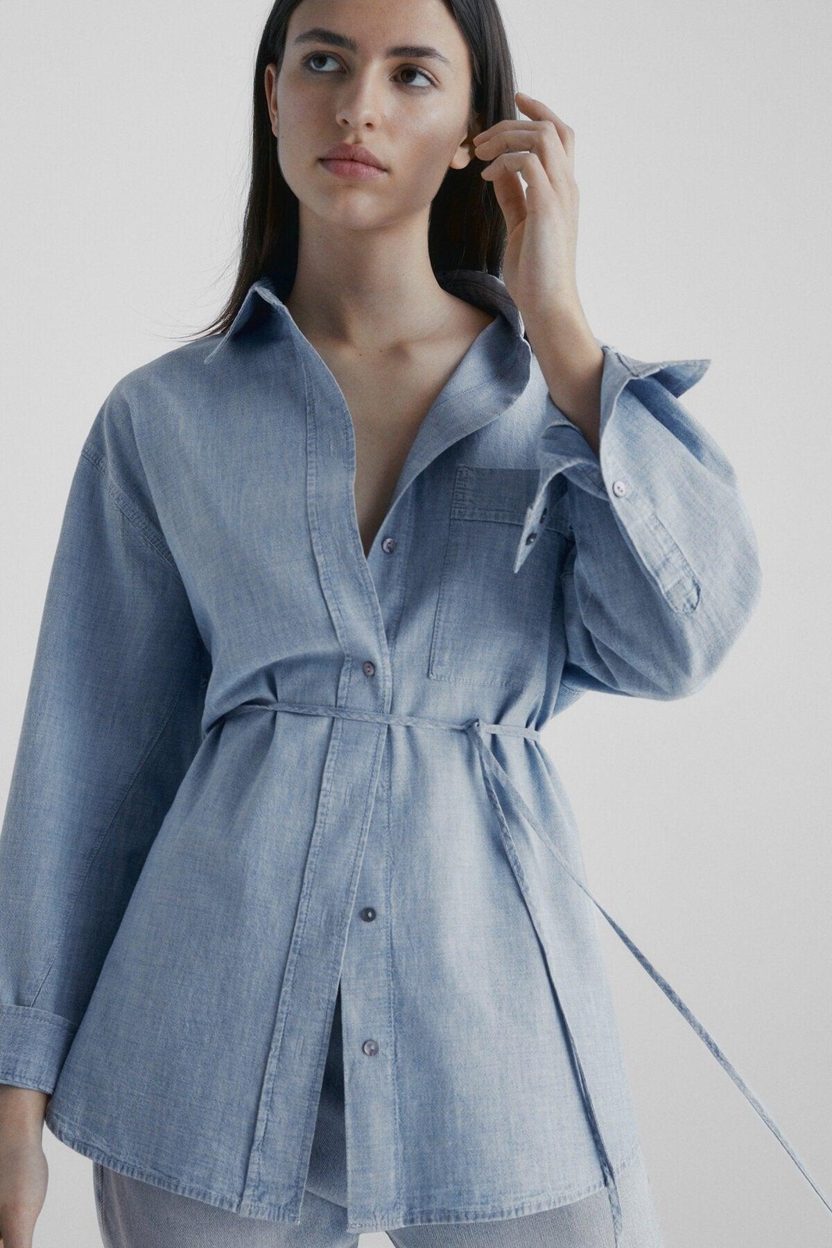 Belted Flowy Oversize Denim Shirt - Swordslife