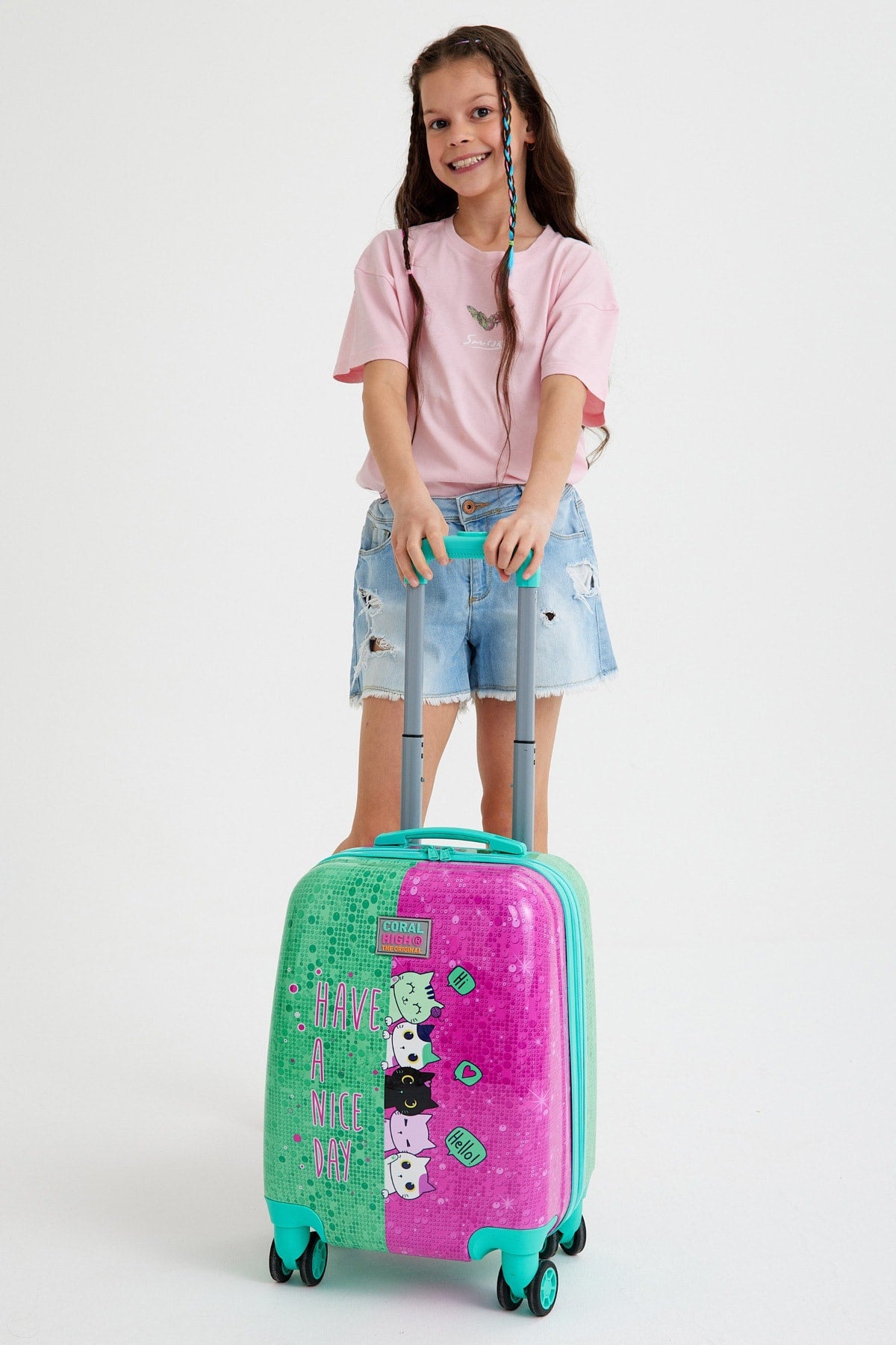 Kids Pink Water Green Cat Patterned Suitcase 16725