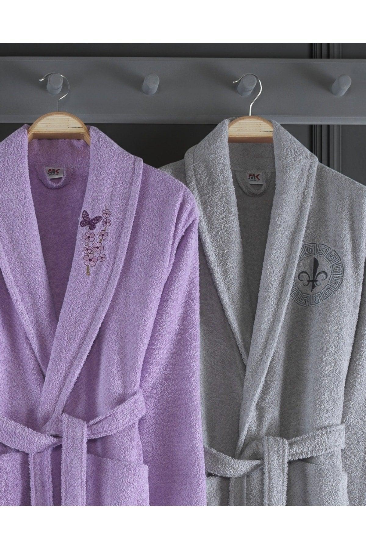 Flamingo Embroidered Cotton 4 Piece Family Bathrobe Set Lilac I Gray - Swordslife