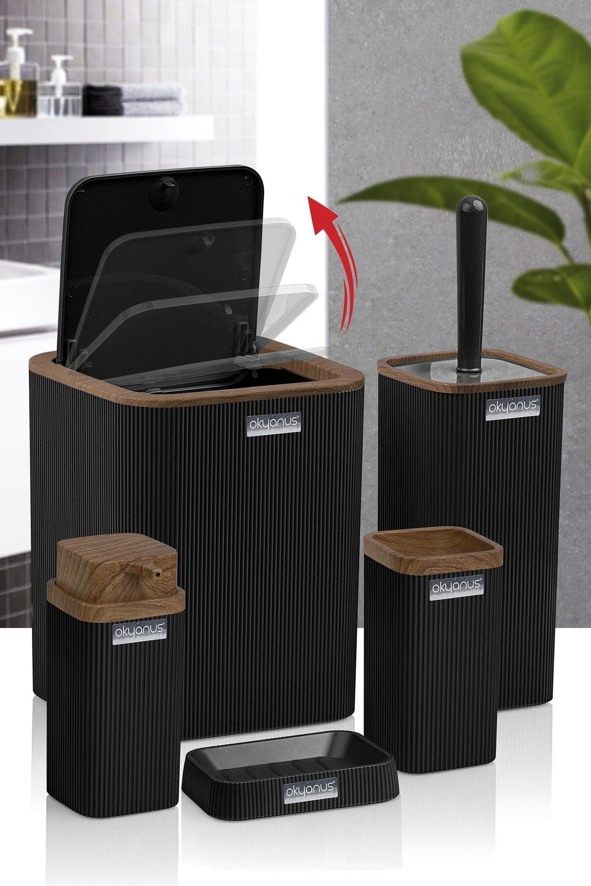 Stella Black Wood Patterned Striped 5 Piece Bathroom Set - Swordslife