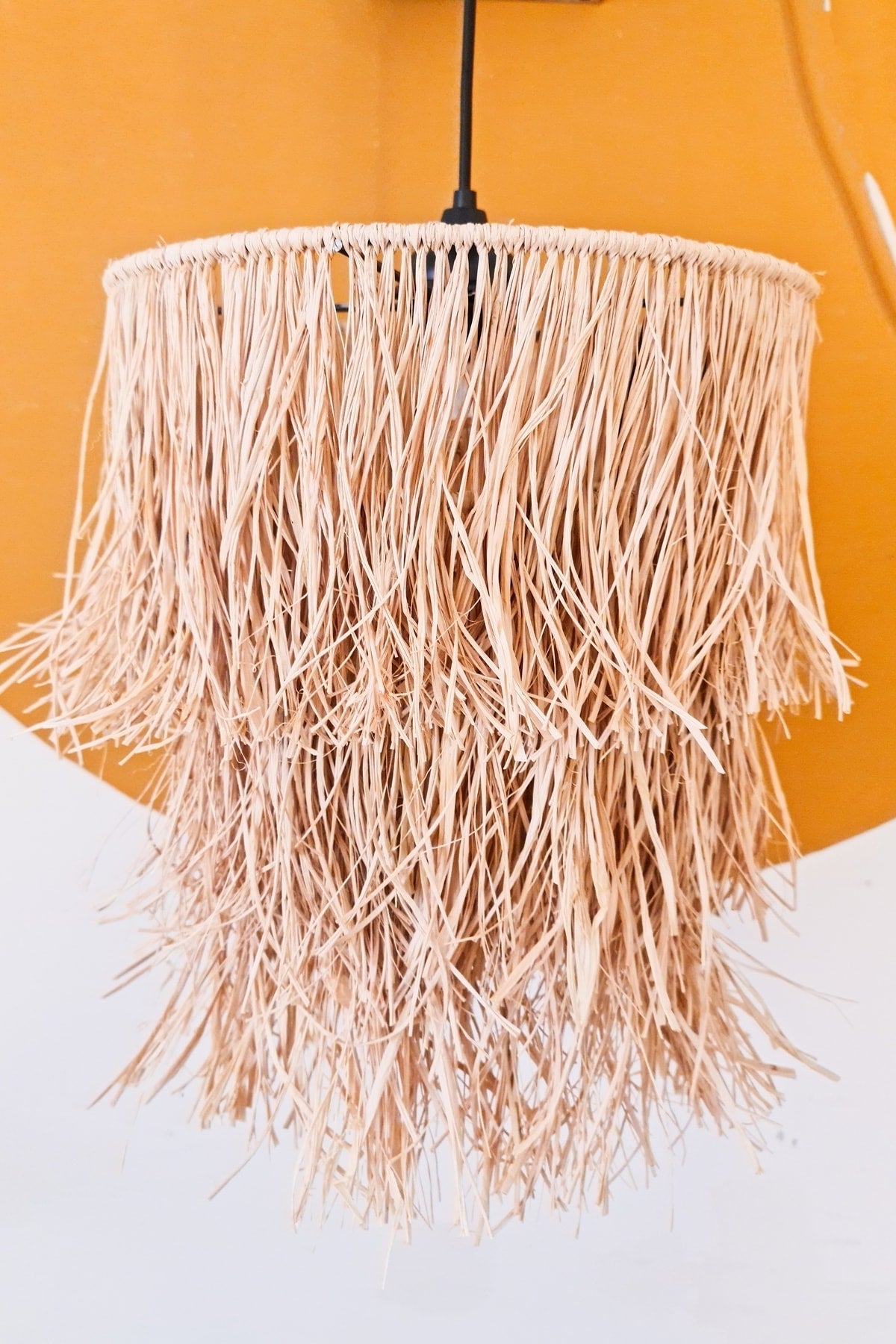 Bohemian Fringed Wicker Raffia Chandelier (Black Lampholder)