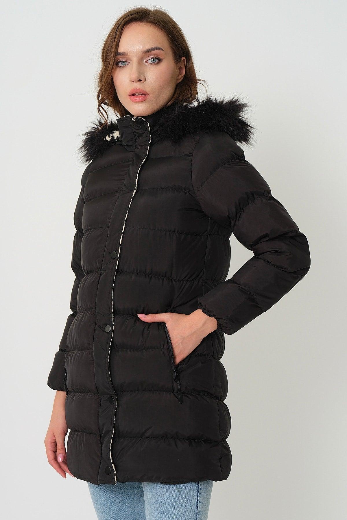 Women's Black White Fur Hooded Down Jacket - Swordslife