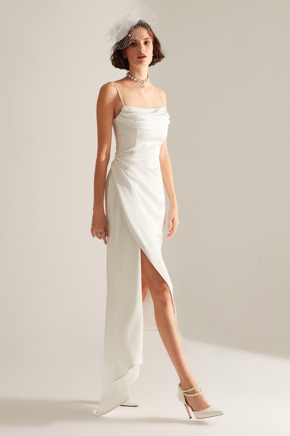 Violet White Satin Draped Strap Dress - Swordslife