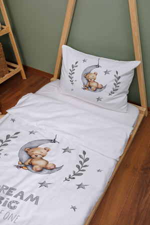 Organic Montessori Duvet Cover Set - For Baby Series - Bear Sleeping In Gray Moon