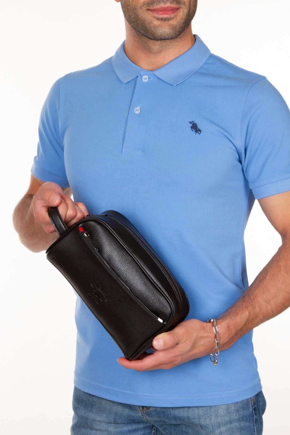 Men'S Leather Portfolio Travel Shaved Black Handbag And Card Holder With Aluminum Mechanism