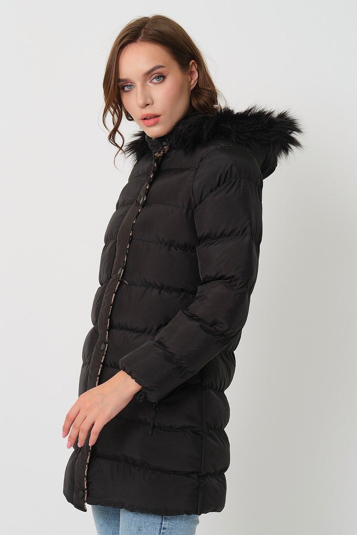 Women's Black Tan Fur Hooded Down Jacket - Swordslife