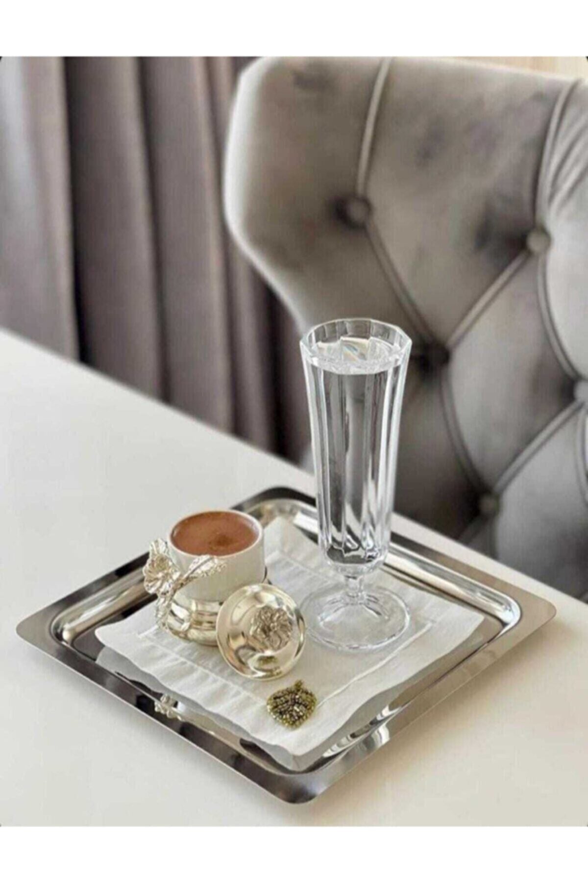 Nom Trend 6 Pcs Lux Square Stainless Steel Silver Color 21X21Cm Coffee Serving Tray & Plate