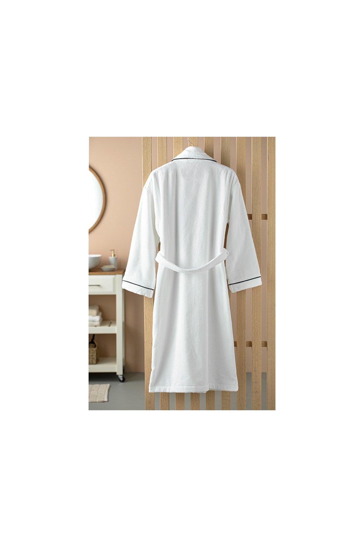 Premium Velvet Bathrobe with Cotton Piping Sm White - Navy Blue - Swordslife