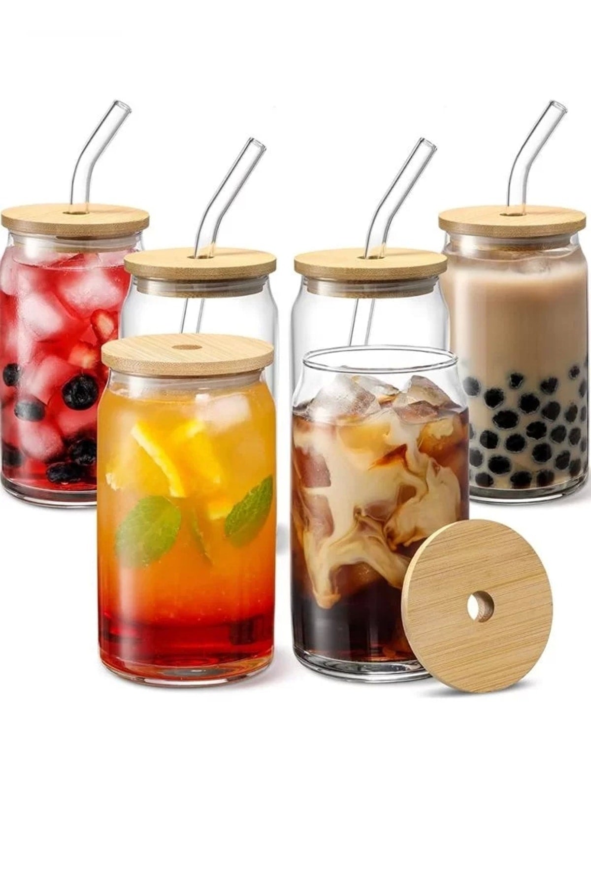 Pieces Heat-Resistant Glass Straw, Wooden Lid, Coffee Juice Cup and 1 Brush