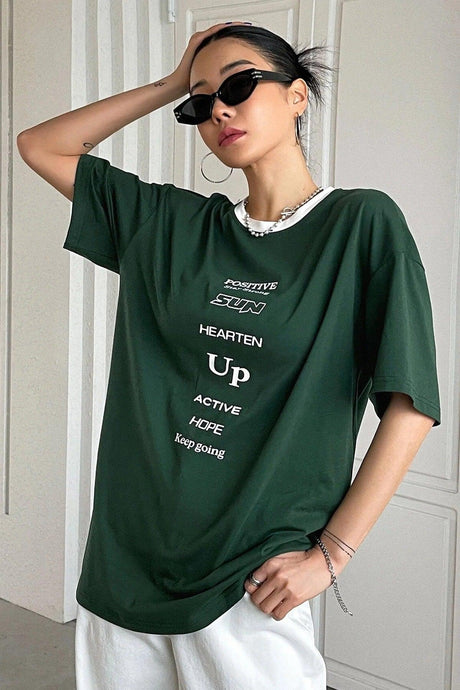 Unisex Green Collar White Positive Oversize T-shirt Shoulder Tee - Swordslife
