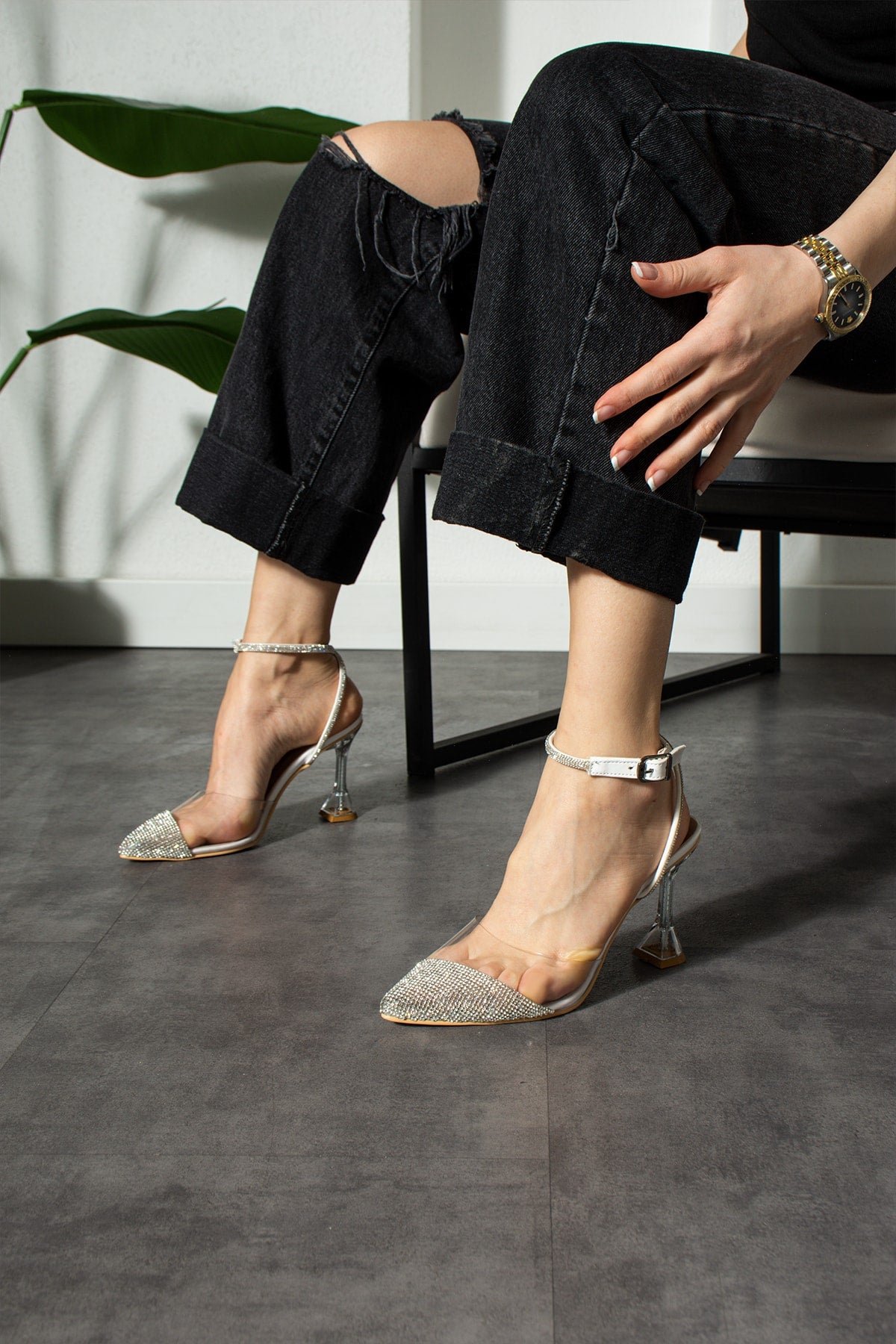 White Transparent Stone Women'S Evening Dress Heeled Shoes