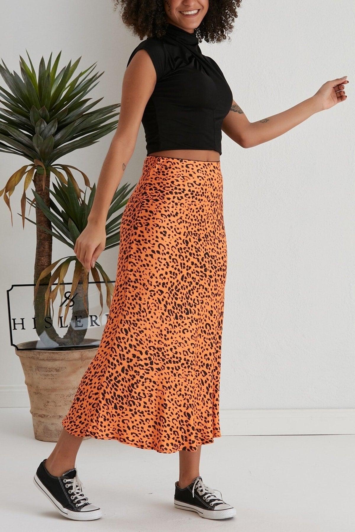 Summer Leopard Pattern Viscose Satin Midi Skirt - Orange - Swordslife