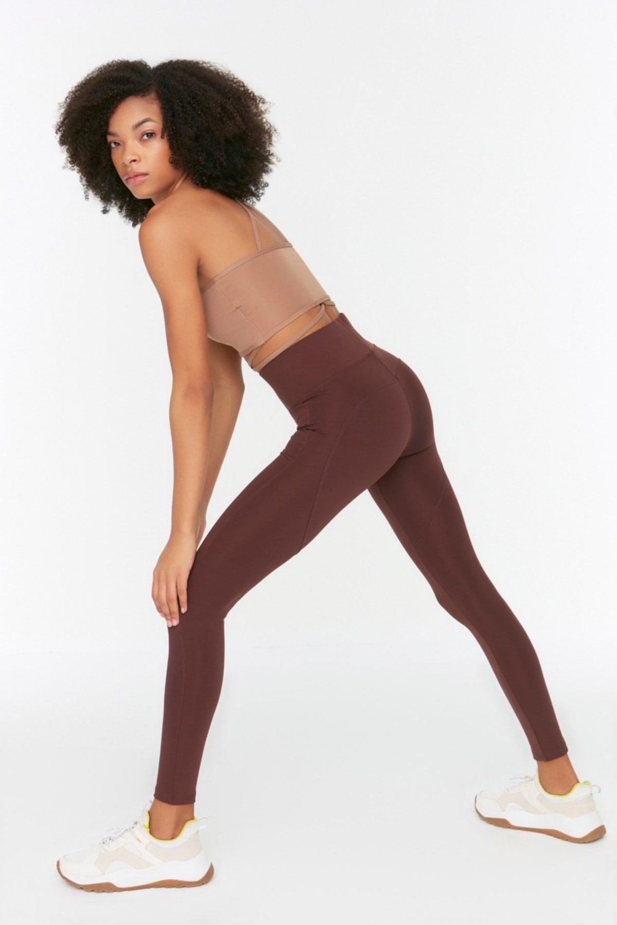 Dark Brown Full Length Sports Leggings with Push-Up Feature TWOAW21TA0030 - Swordslife