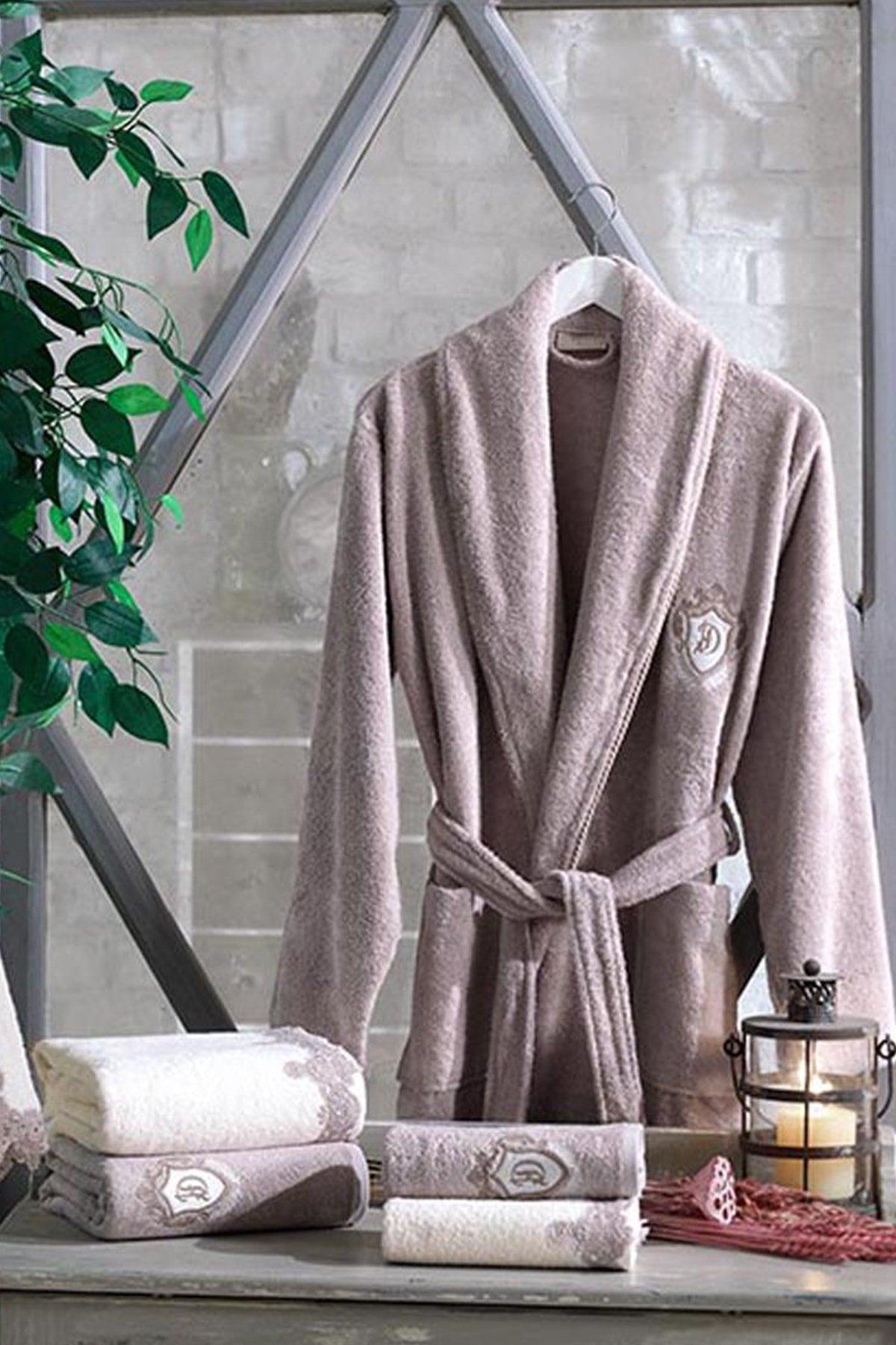 Almira Guipure Hooded Bamboo Bathrobe Set Cream Tile - Swordslife