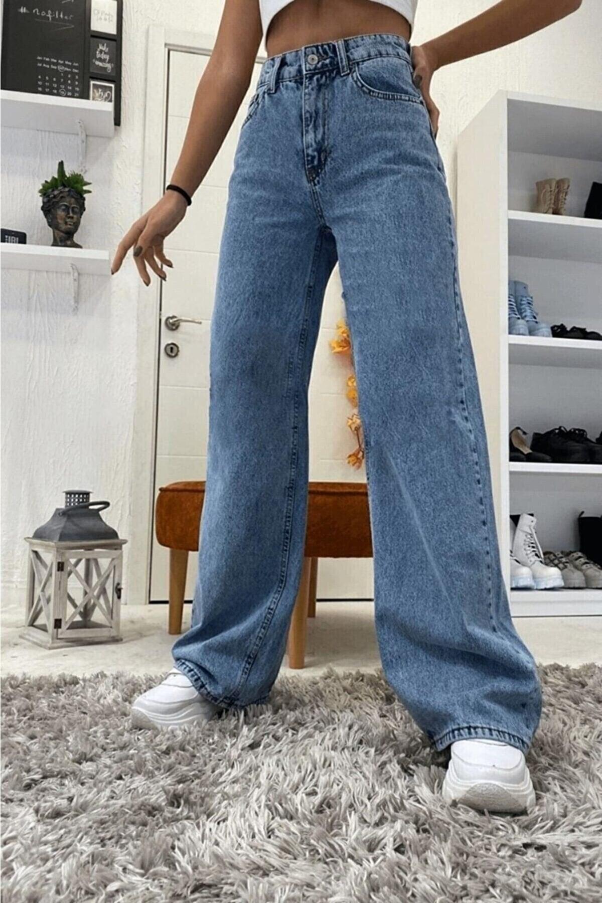 Roman Snow Lycra Women's Blue Super High Waist Wide Leg Denim Jeans Palazzo Pants - Swordslife