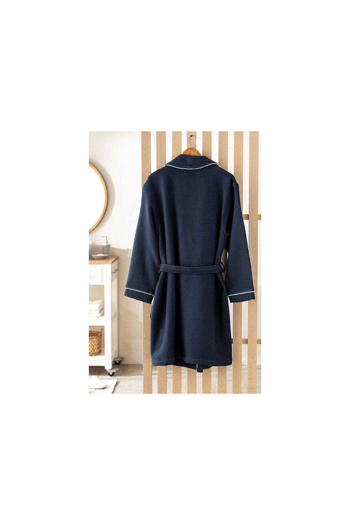 Thin Single Face Pique Shawl Collar Bathrobe Sm Navy Blue - Swordslife