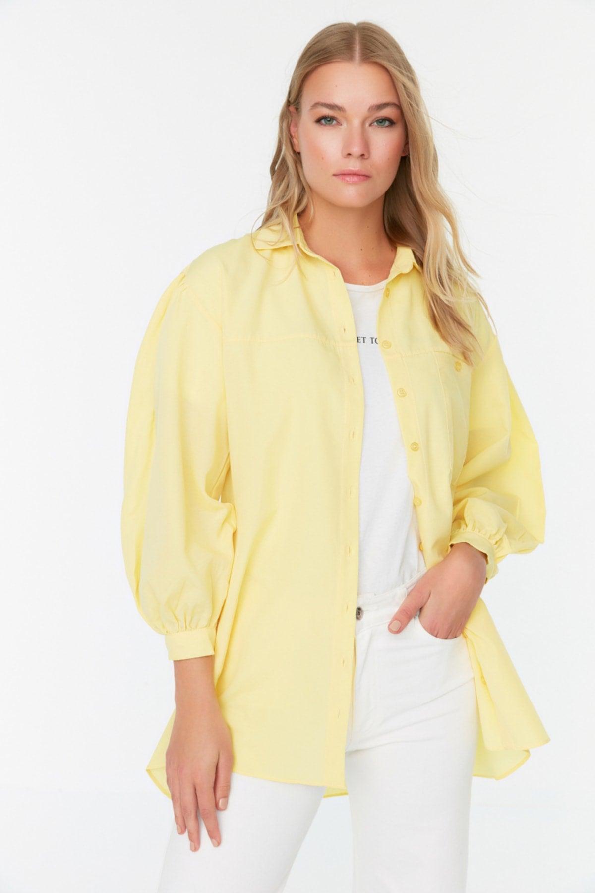 Yellow Balloon Back Sleeve Long Pocket Detailed Basic Woven Shirt TCTSS21GO0976 - Swordslife