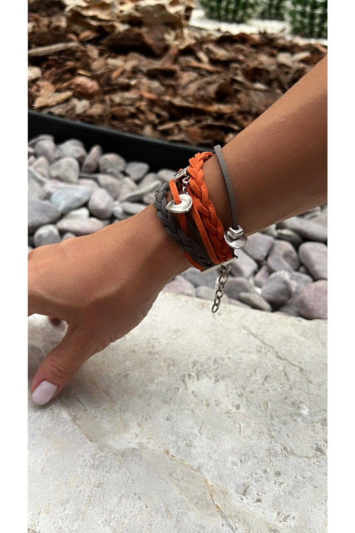 Women's Gray Orange Silver Plated Knitted Detailed Suede Bracelet - Swordslife